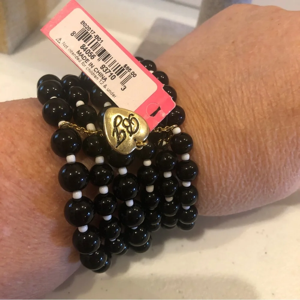 NWT Betsey Johnson Bracelet- stretch 6 strand black & white beaded w/ gold charm - Picture 8 of 10